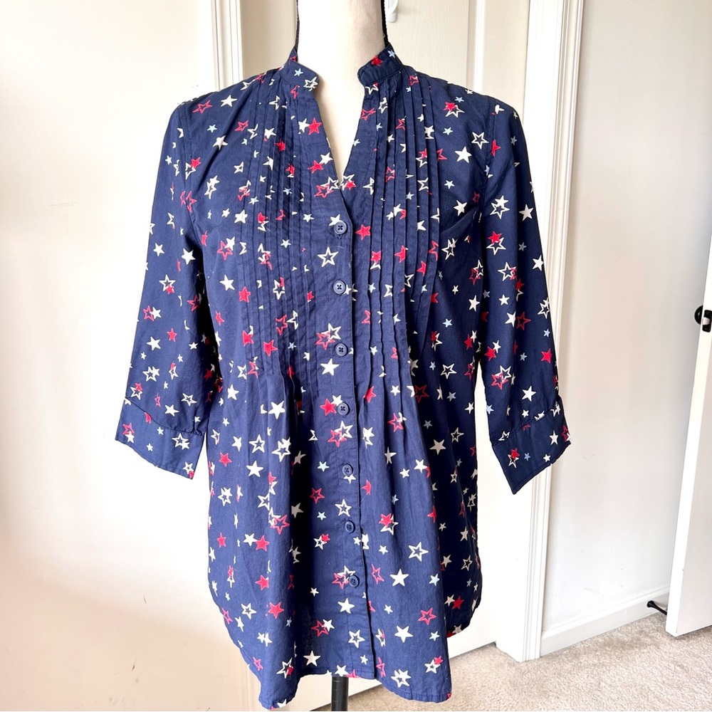 Vintage SCANDIA WOODS Pintucked Navy Blue Stars Cotton Button Down—SZ. Small